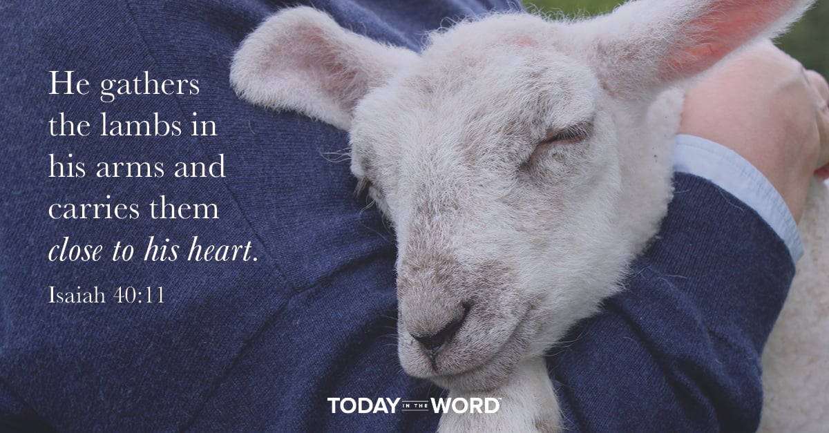 Daily Devotional Bible Verse | Isaiah 40:11 He gathers the lambs in his arms and carries them close to his heart.