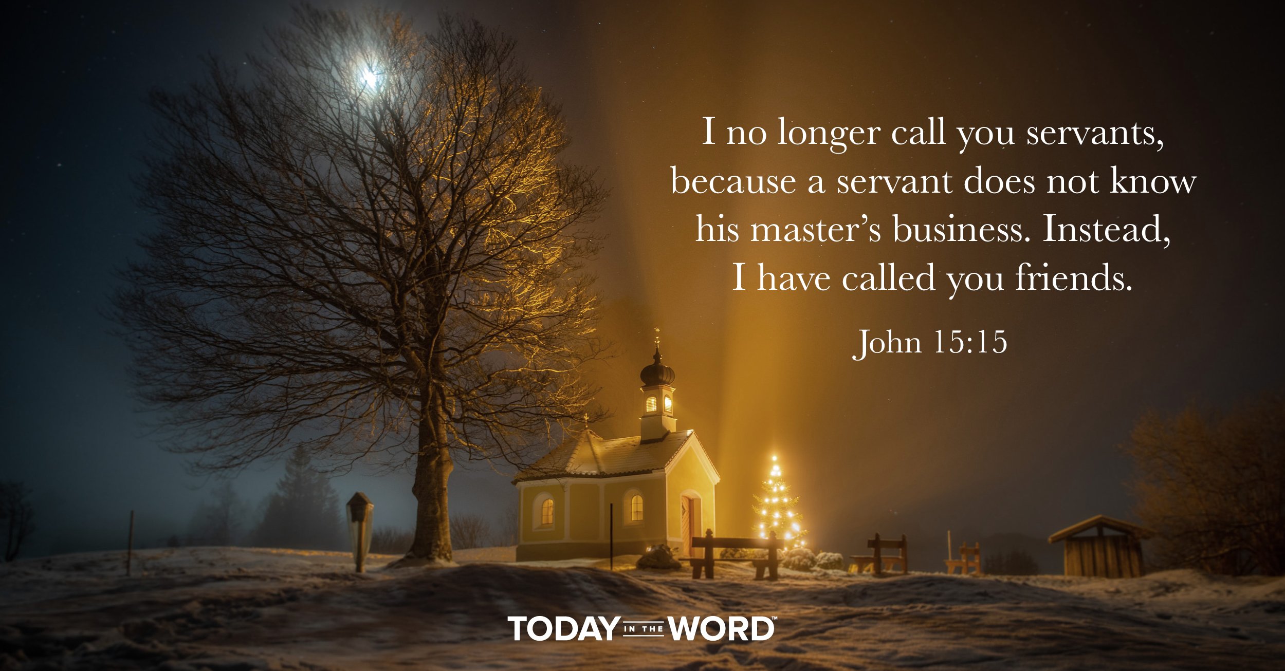 Daily Devotional Bible Verse | John 15:15 I no longer call you servants, because a servant does not know his master's business. Instead, I have called you friends.