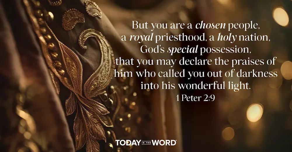 Daily Devotional Bible Verse | 1 Peter 2:9 But you are a chosen people, a royal priesthood, a holy nation, God's special possession, that you may declare the praises of him who called you out of darkness into his wonderful light.