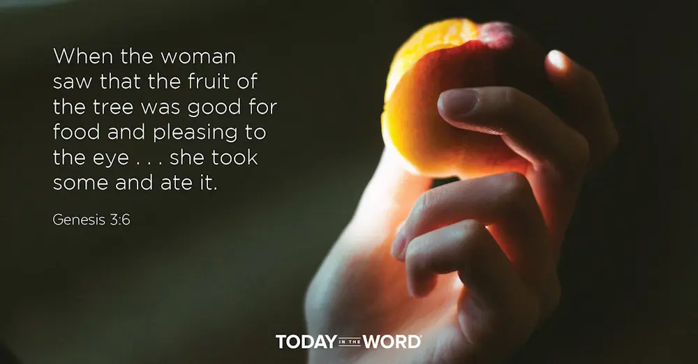 Daily Devotional Bible Verse | Genesis 3:6 When the woman saw that the fruit of the tree was good for food and pleasing to the eye... she took some and ate it.