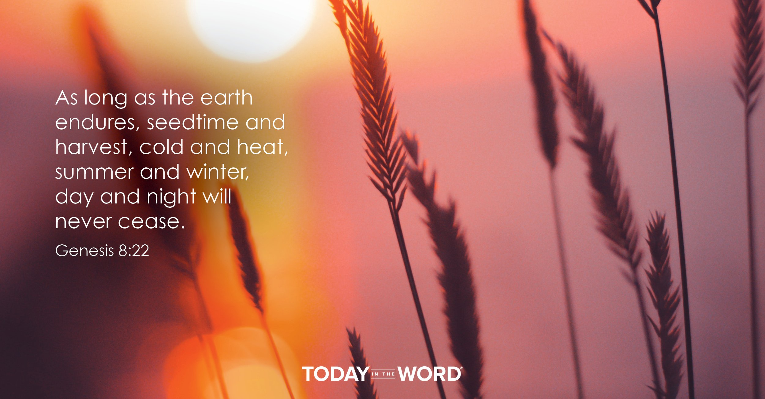 Daily Devotional Bible Verse | Genesis 8:22 As long as the earth endures, seedtime and harvest, cold and heat, summer and winter, day and night will never cease.