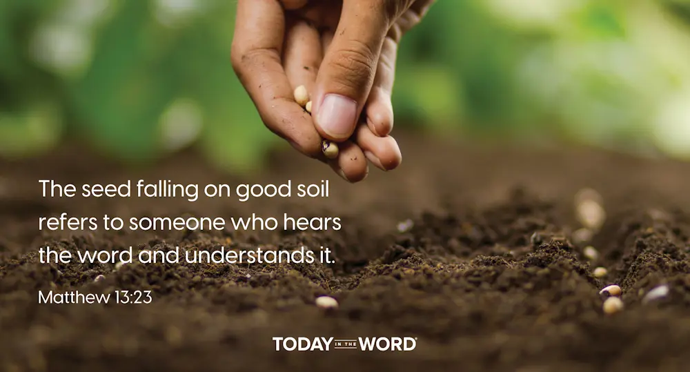 Daily Devotional Bible Verse | Matthew 13:23 The seed falling on good soil refers to someone who hears the word and understands it.