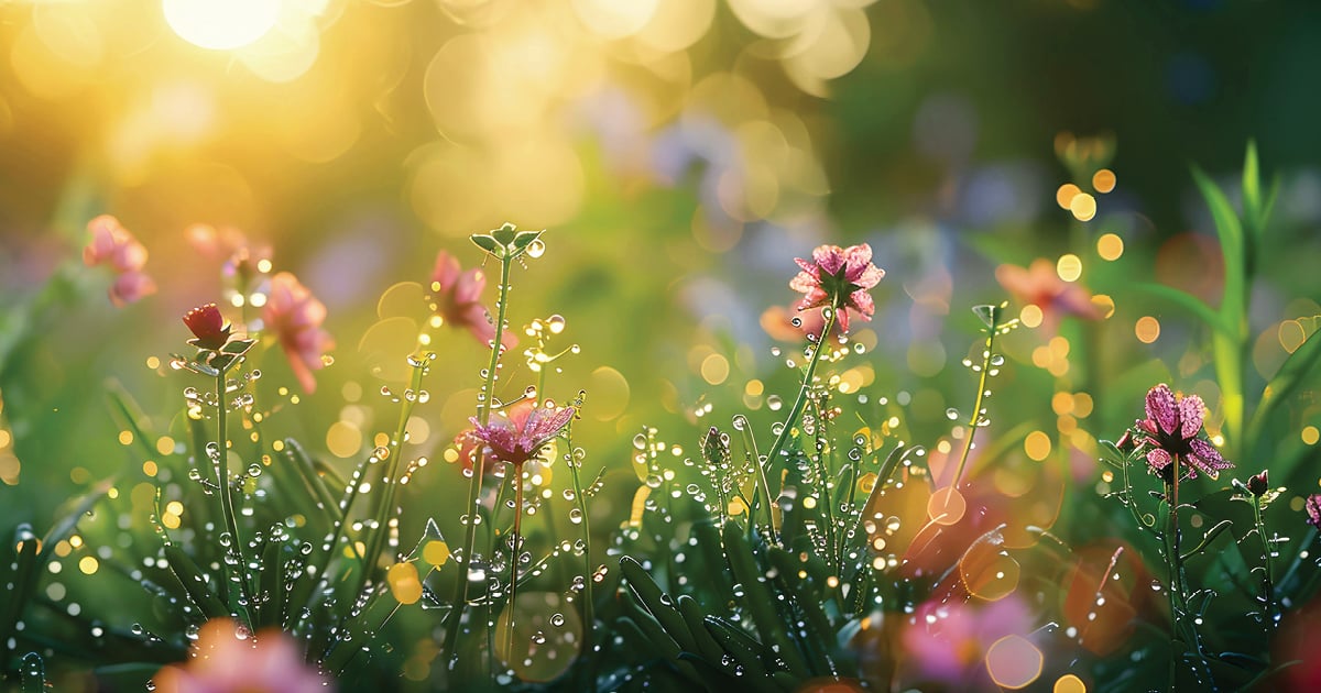 Today's daily devotional Bible verse: Genesis 27:28 May God five you Heaven's Dew and earth's richness | Dew drops on wild flowers in the morning sun.