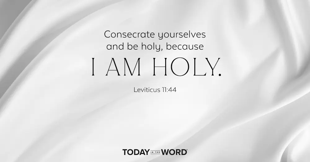 Today's daily devotional Bible verse: Leviticus 11:44 Consecrate yourselves and be holy, because I am holy. | White silk fabric