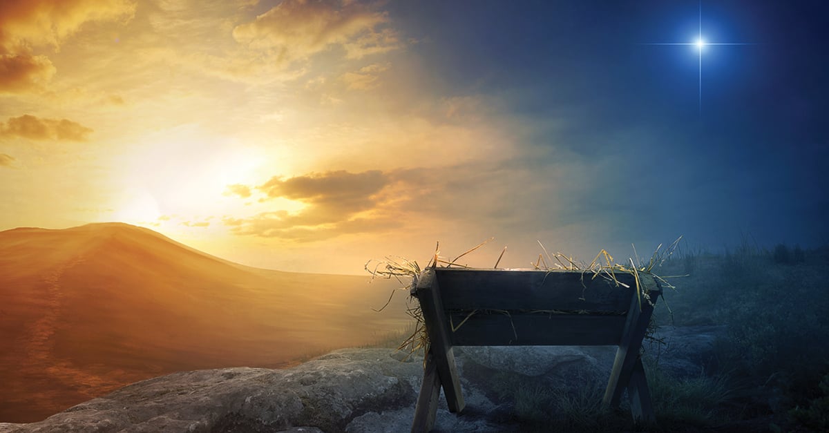 Daily Devotional | A manger on a hill at sunset with a star in the sky.